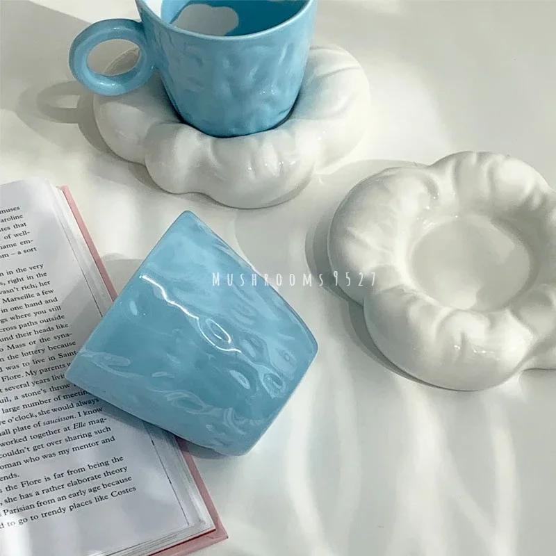 Mushrooms Korean Style Niche Ceramic Irregular Blue Sky Clouds Ceramic Cute Coffee Cup Saucer Exquisite Afternoon Tea Coffee Mug