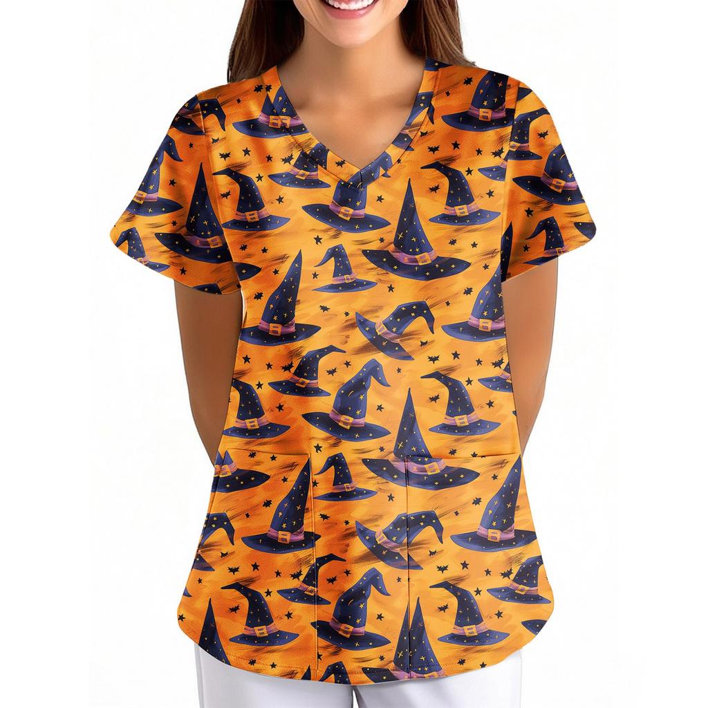 Women's Halloween Printed Loose V-Neck Pocket Short SleevUniform Uniform