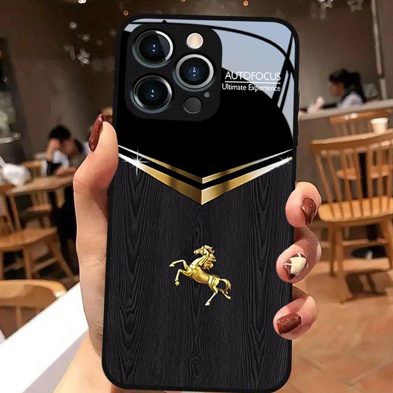 Black Gold Horse Pattern Tempered Glass Black Phone Case For iPhone 17 16 15 14 13 12 11 Pro Max 17 Air 7 8 Plus XR XS X Cover