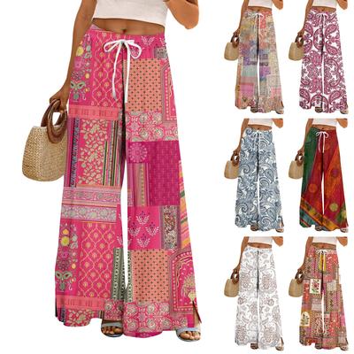 Women Summer Boho Palazzo Pants High Waist Wide Leg Printing Casual Trousers With Pockets