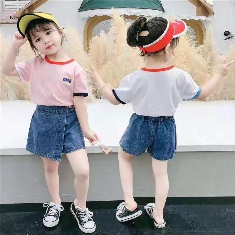 Girls' Summer Short-sleeved Suit Korean Casual T-shirt Denim Skirt Short Pants Two-piece Solid Color Thin Summer Set