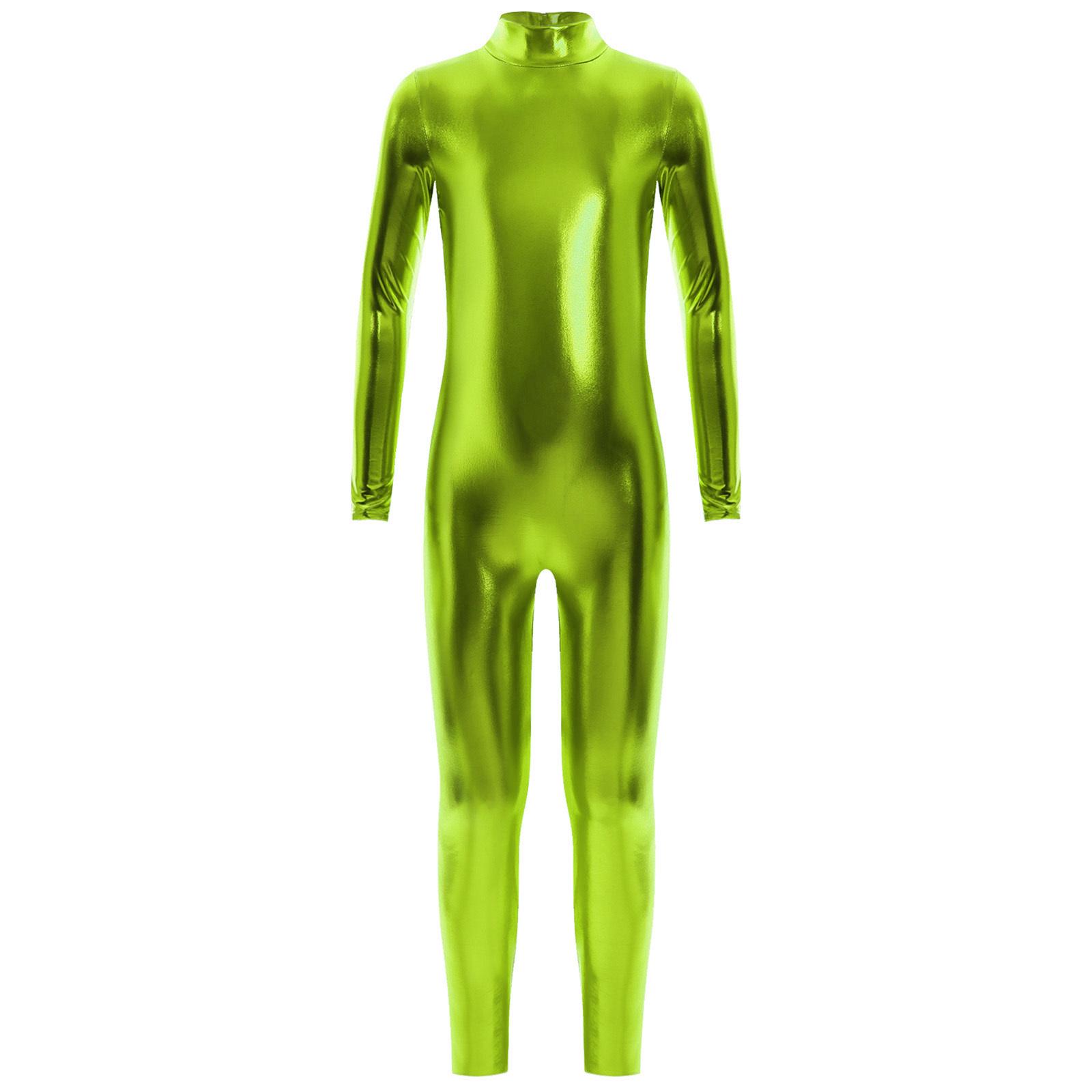 

Girls Shiny Metallic Sporty Jumpsuit Mock Neck Long Sleeve Full Length Leotard 10-12 Years зелений