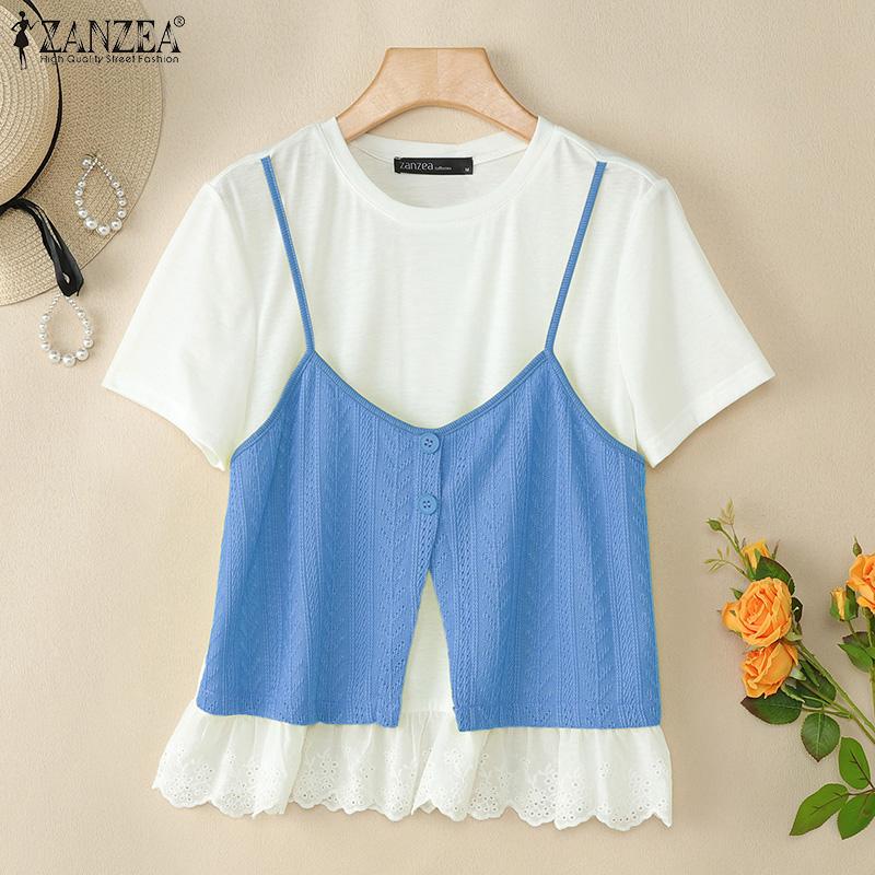 

ZANZEA Womens Summer Round Neck Patchwork Short Sleeve T-shirts S синий