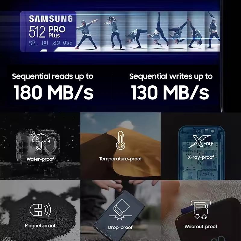Samsung 128GB PRO Plus microSD Memory Card 256GB microSDXC,512GB Up To 180 MB/s,Full HD & 4K,UHS I,C10,U3,V30,A2,for Phones GoPRO and DJI Drone Camera