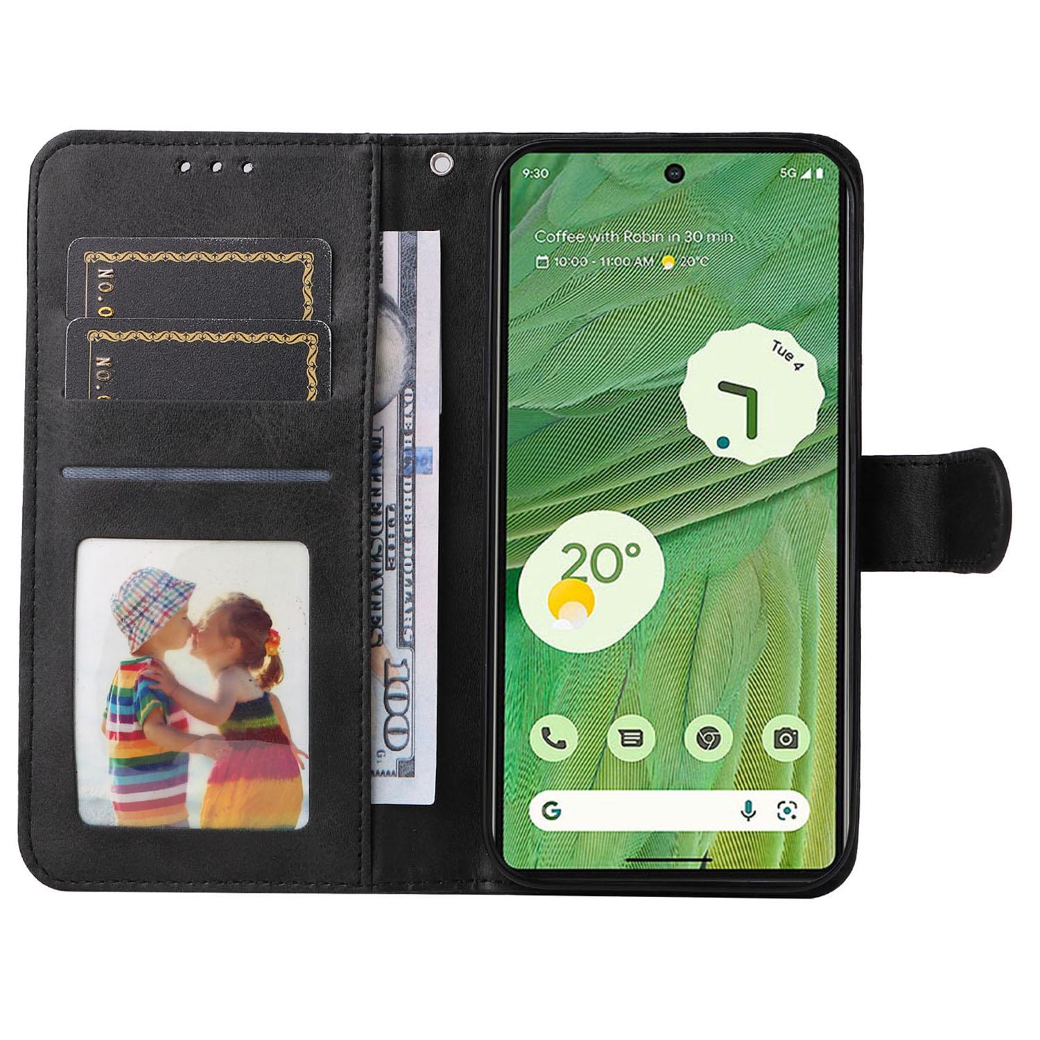 

For Google Pixel 7 5G Calf Texture Phone Cover Wallet Stand Shockproof Case with Strap Black