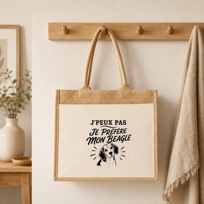 Sac cabas jute - PLANETEE - Collection « J'peux pas minimaliste » - Motif Beagle - Toile de jute et coton - 43×33×21 cm 21 L
