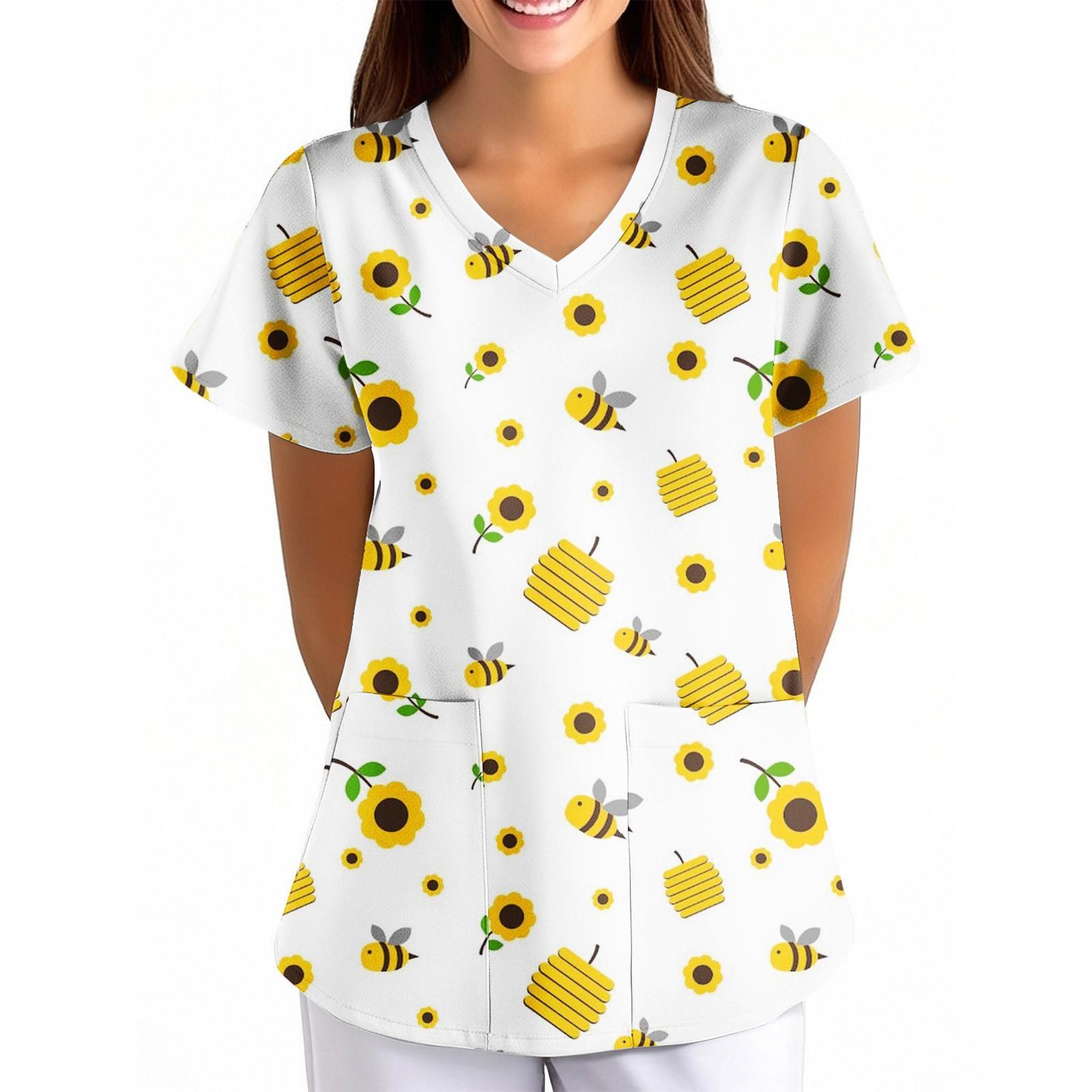 

Жіноча уніформа з вільним V-подібним вирізом і короткими рукавами з квітковим принтом XL білий