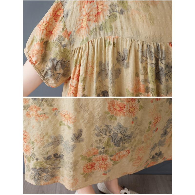 DIMANAF 2025 Summer Women Vintage Printing Plus Size Long Dress Short Sleeve Casual Basic Loose Dress