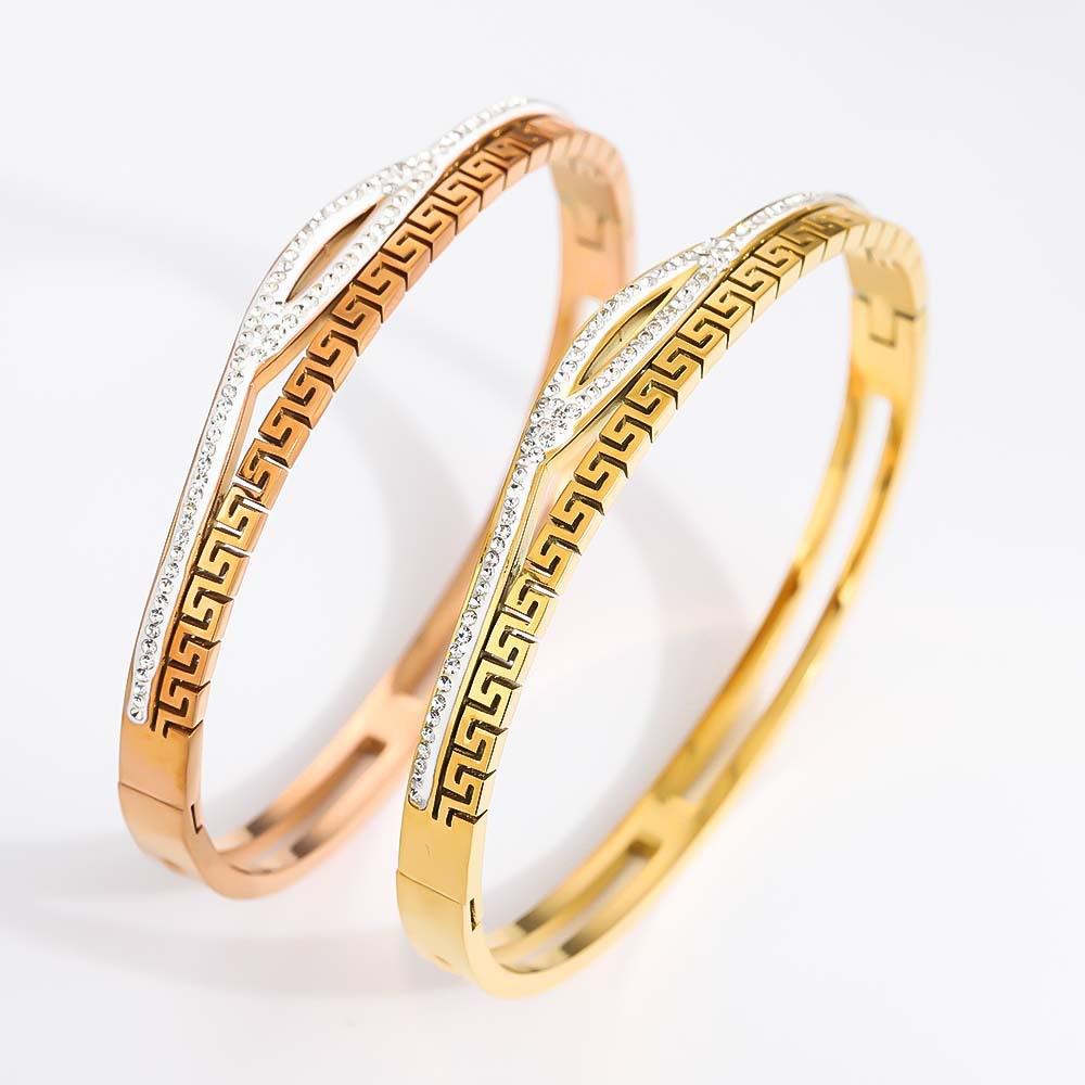 European Hot-Selling Elegant Diamond Titanium Steel Women's Bangle with Meander Pattern