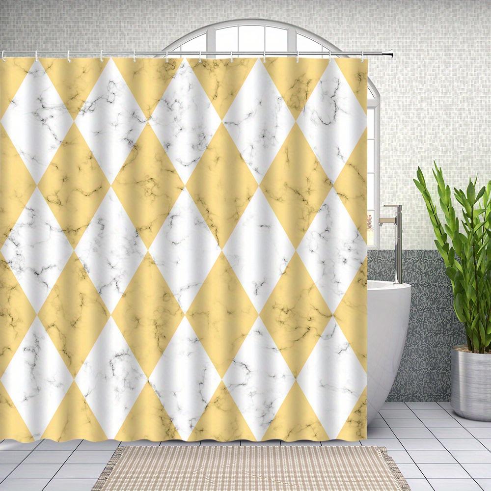 1pc Modern Checkerboard Shower Curtain - White & Yellow, Geometric Diamonds, Swirling Marble Texture, Polyester