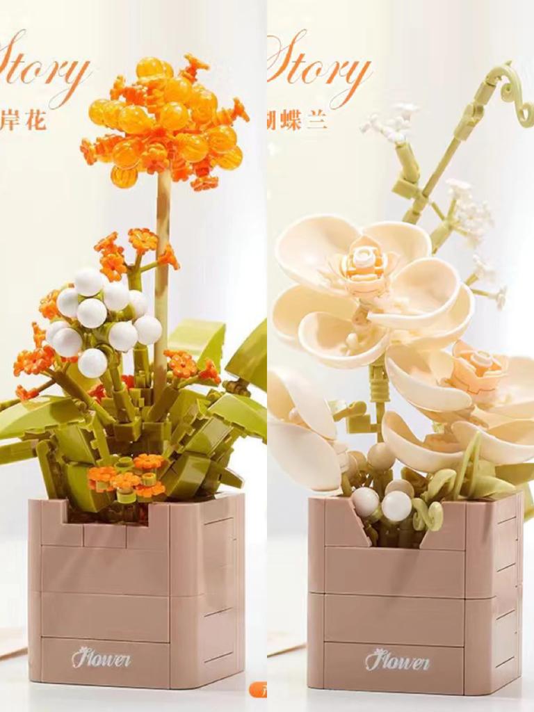 Sende deiner Mutter ein Geschenk Blumen Bausteine Ewige Bonsai Serie Set DIY Topfblume Löwenzahn Pfingstrose Steinpflanze Blumenstrauß Deko