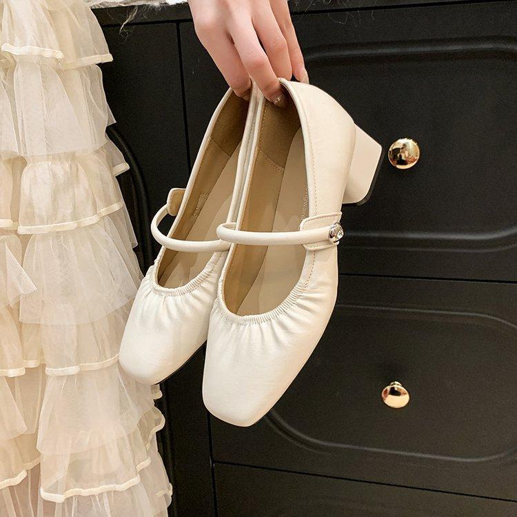 Soft Leather Women's Shoes with Single Shoes, New Spring Mid-heel Square Head Mary Jane Cheongsam Leather Shoes with Soft Soles