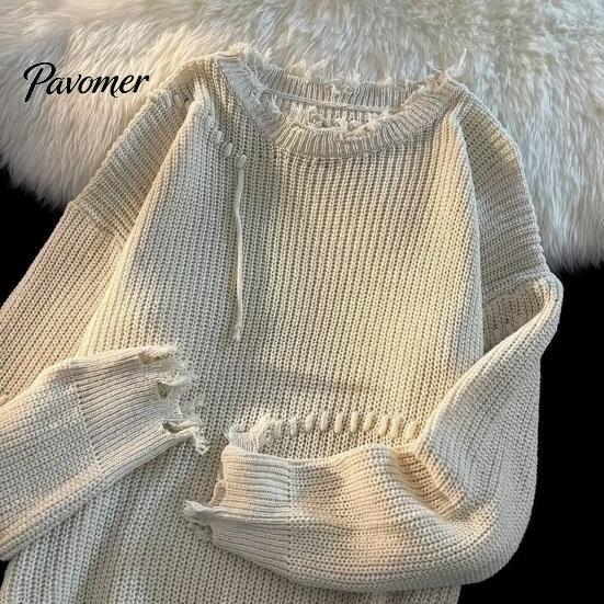 Hip HopSweater Men Fall Winter Sweater Ripped Tassel Solid Color Fringe Round Neck Long Sleeve Knitted Mid Length Loose Soft Warm Pullover Women