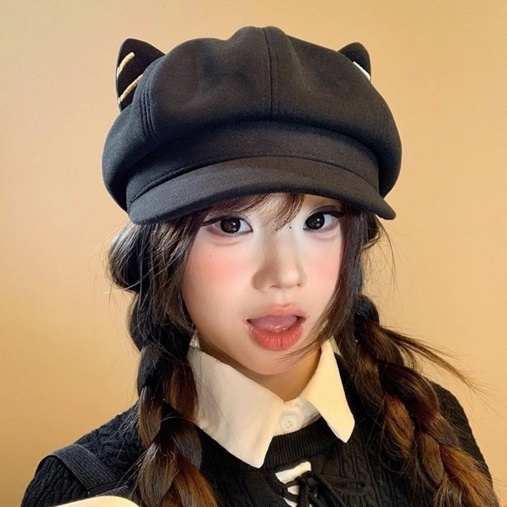 Woolen Cat Ear Hat Solid Color Octagonal Cap Newsboy Hat British Beret Hat  Artist