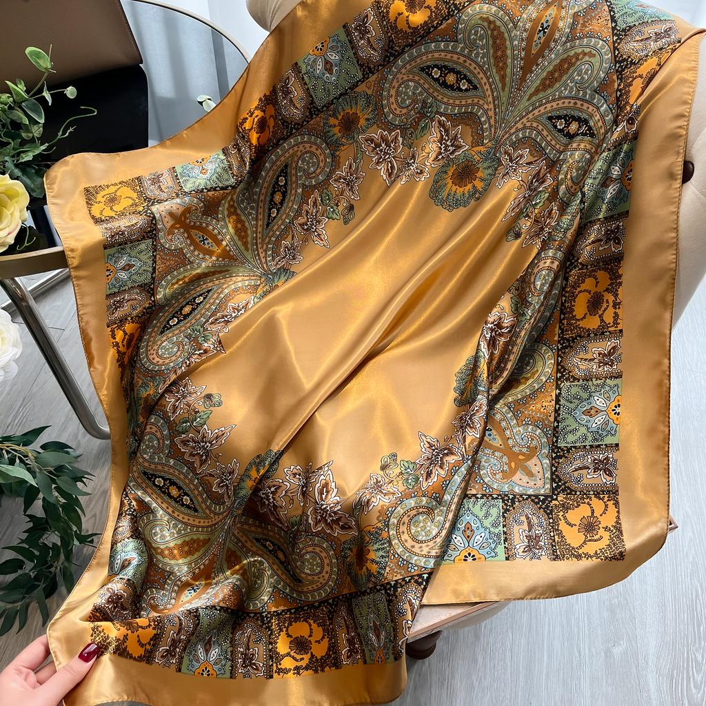 90*90Cm Women'S Square Silk Satin Scarf Flower Printed Shawls Hijab Four Seasons Bandanna Scarves Accessories Hairband Scarf