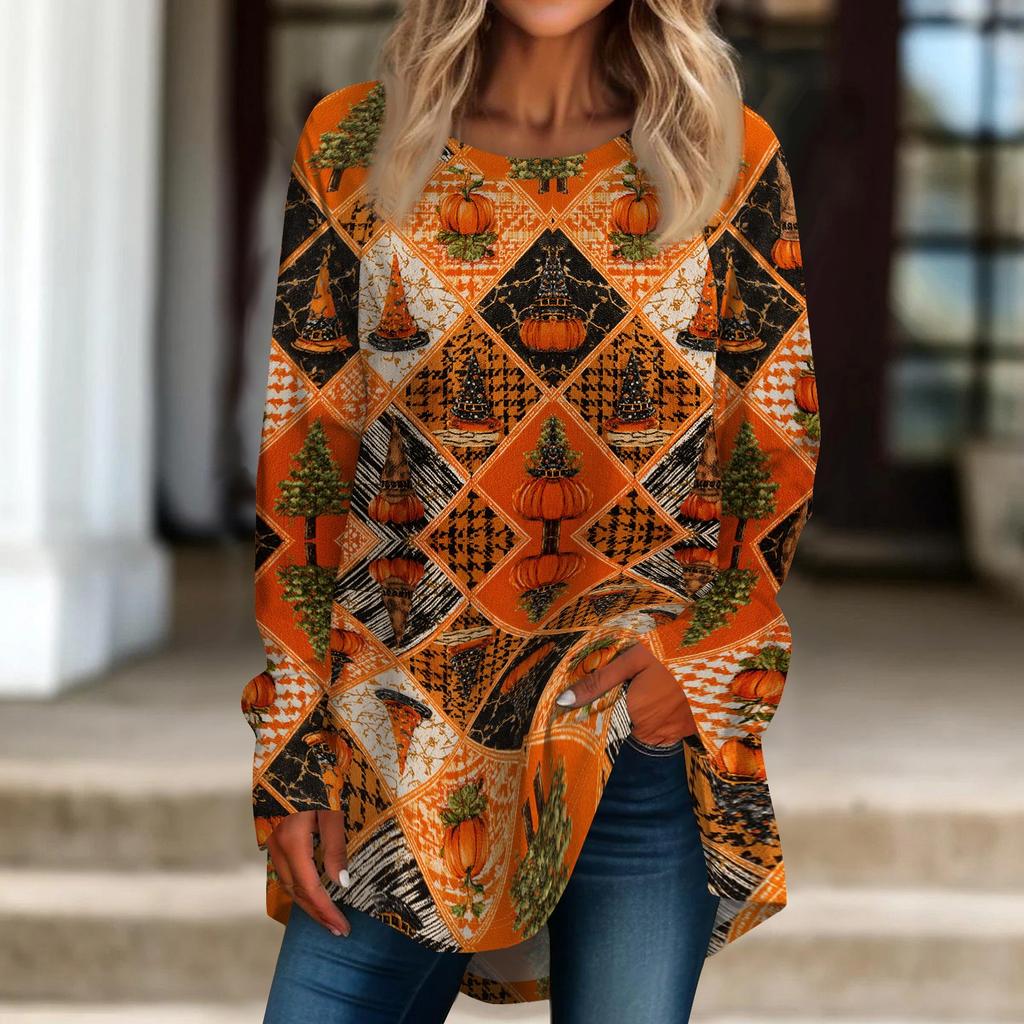 Women's Long Sleeve Halloween T-Shirt Loose Fit Crewneck Casual Print Top