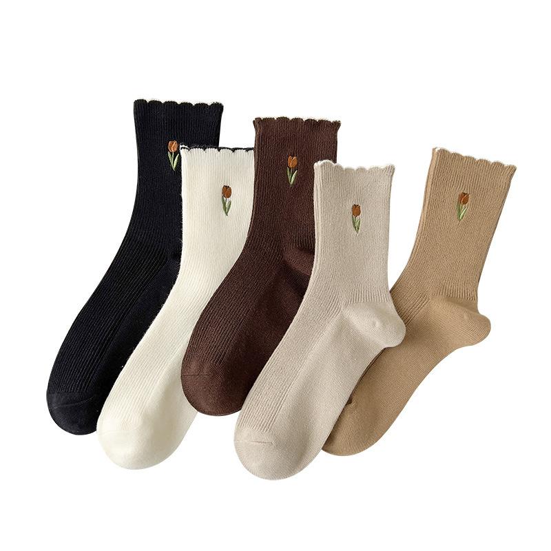 5 Pairs of Spring and Autumn Tulip Lovely Flower College Wind Tube Socks