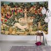 Mittelalterlicher Einhorn-Wandteppich, Klassische Jagdszene mit Einhorn, Brunnen und edlen Jägern Druck Wandbehang für Heimdekoration