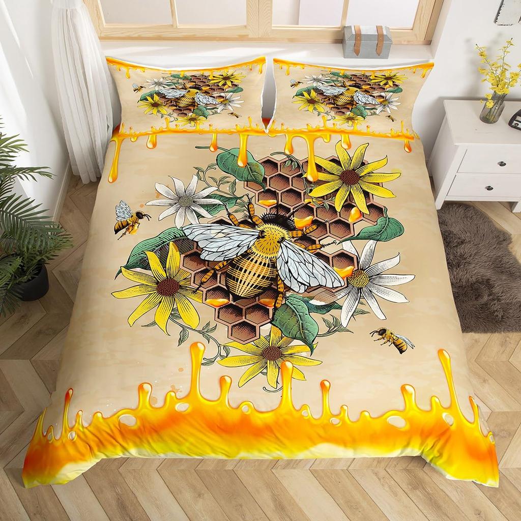 Cartoon Bee Duvet Cover Insect Honeybee Bedding Set Microfiber Wild Animal Comforter Cover King For Teens Boys Kawaii Home Decor