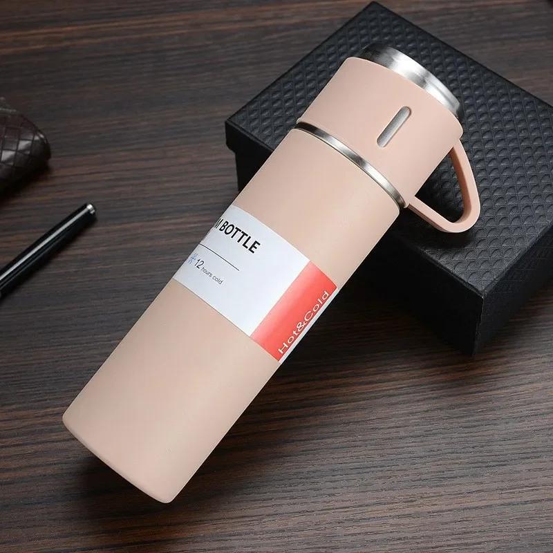 500ML 3-Tassen-Deckel Outdoor Heißwasser Thermoisolierung Neue Edelstahl-Vakuumflasche Geschenkset Thermoskanne Business-Stil
