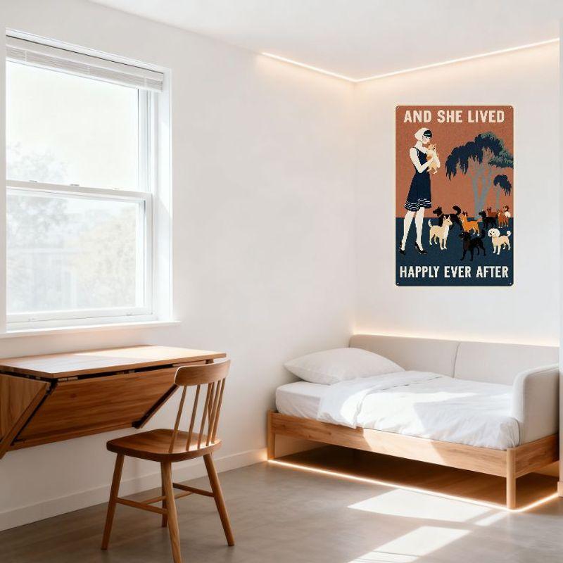 Vintage Und Sie Lebte Glücklich Bis An Ihr Lebensende Metallschild, Art Deco Stil Frau & Hunde Blechposter für Bar Heim Wanddekoration, Retro Metall