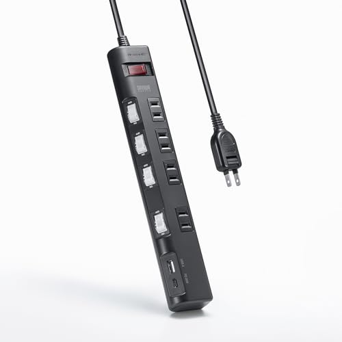 SANWA SUPPLY Power-Saving Strip (2P, 4 Outlets, 2m, Black) TAP-B107UC-2BK