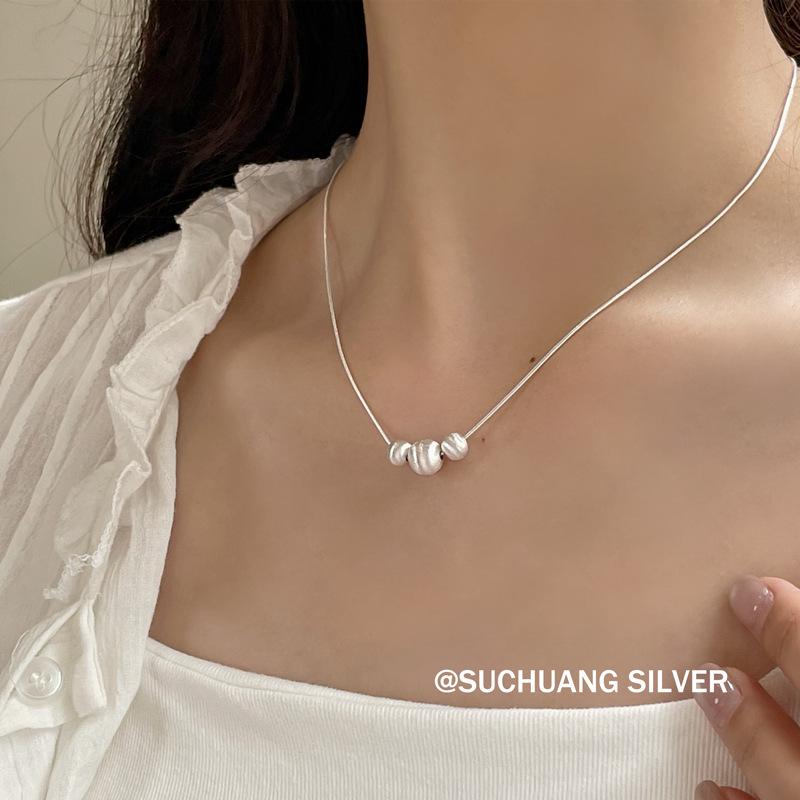 Su Chuang S925 Sterling Silver Brushed Bead Necklace for Women - High-End, Simple, Versatile Clavicle Chain, Niche Design.