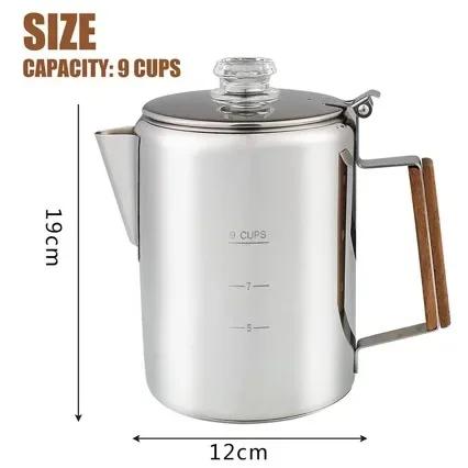 Percolateur à café de camping en acier inoxydable Poignée en bois Portable pour cuisinière Cafetière pour la maison