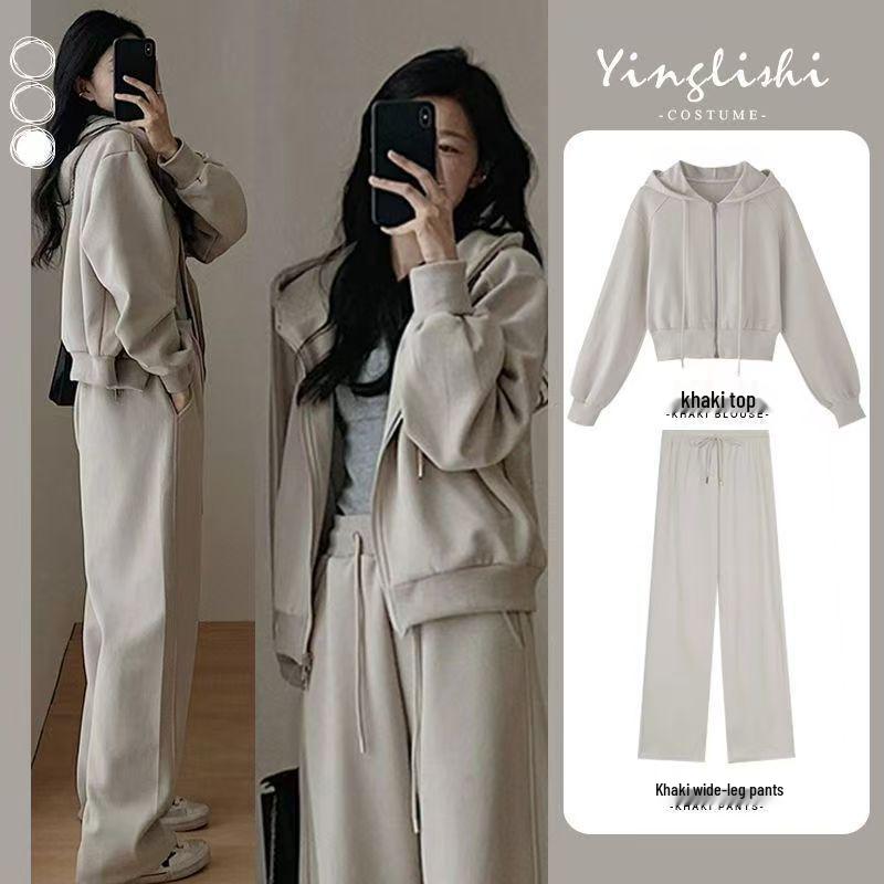 Women's Autumn & Winter Casual Sweatshirt & Wide-Leg Pants Set - Hong Kong Style Slimming Hooded Running Two-Piece