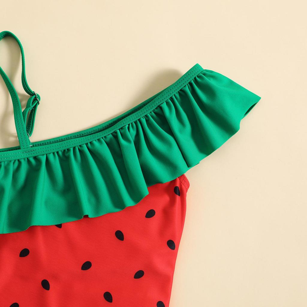 Kid Sleeveless Ruffle Strapless Cartoon Strawberry Print One Piece Swimsuit Bikini Swimwear 1 Piece Cartoon Sleeveless Swim Suit
