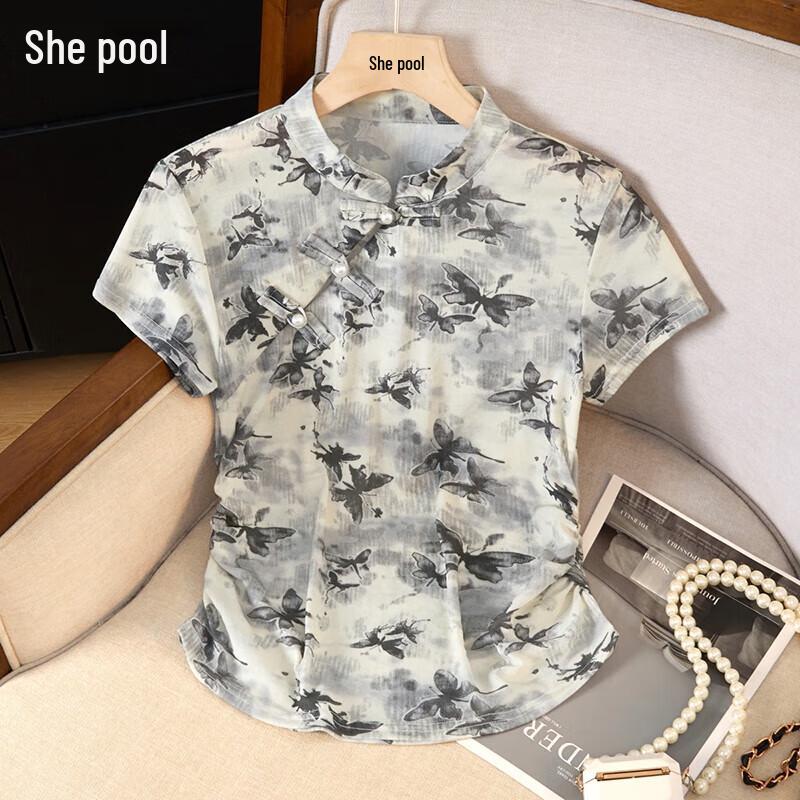 Women s Chinese Style Printed Slim Fit Short-Sleeve Top S