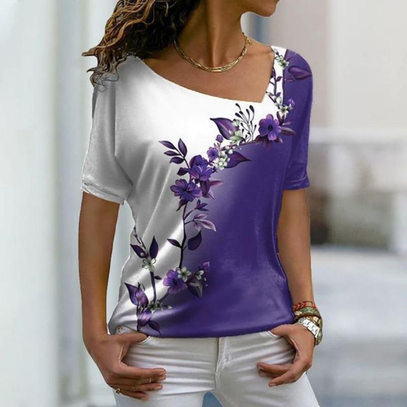 Fashion Women's Asymmetric V-neck T-shirt Spring and Summer Ladies 3D Short-sleeved Top