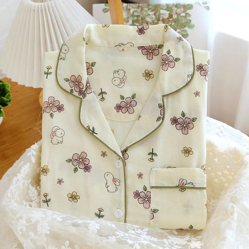 Spring and Summer New Women's Pajamas Set 100% Cotton Double-layer Gauze Long-sleeved Two-piece Set Cartoon Cute and Sweet Home