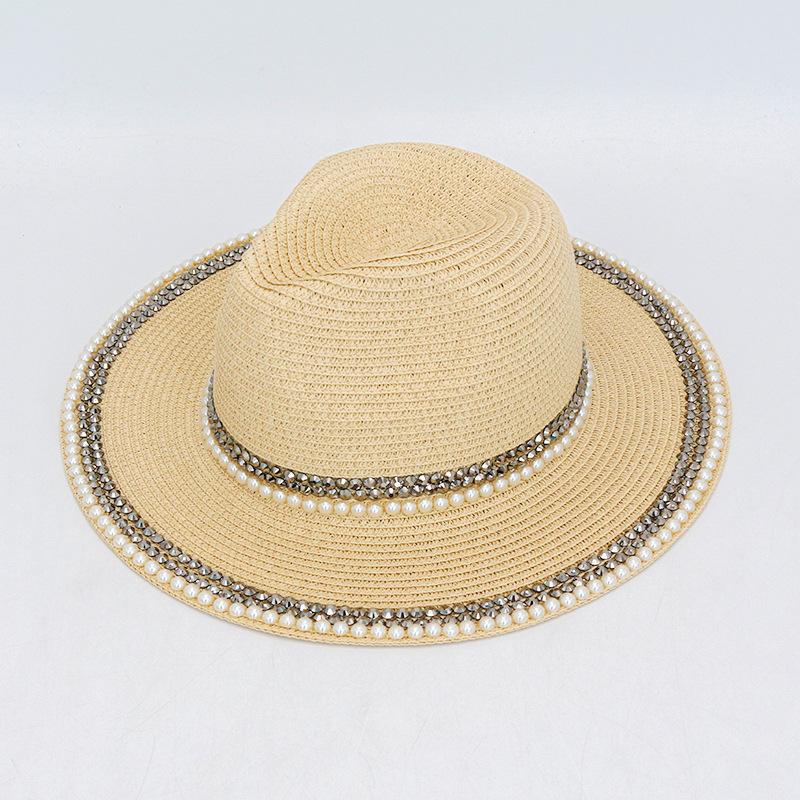 Woven Lafite Pearl Straw Hat British Style Hot Diamond Top Hat Outdoor Trend Sun Protection Big Brim Sun Hat