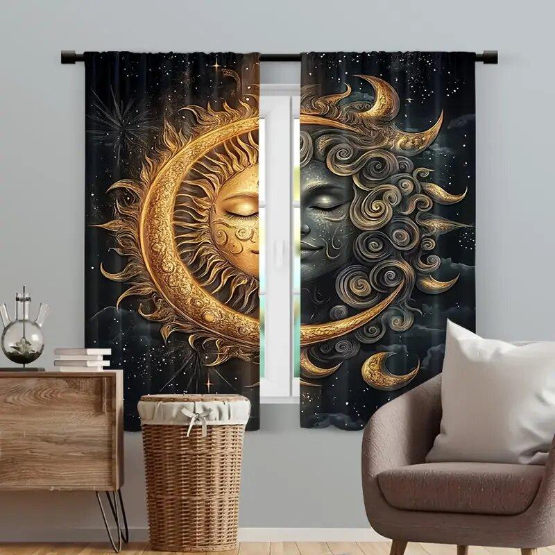 Set Of 2 Sun Moon Splicing Print Curtains Suitable Bedroom Living Room Kitchen Decoration Home Window Decor Curtain Polyester Perfect For Area