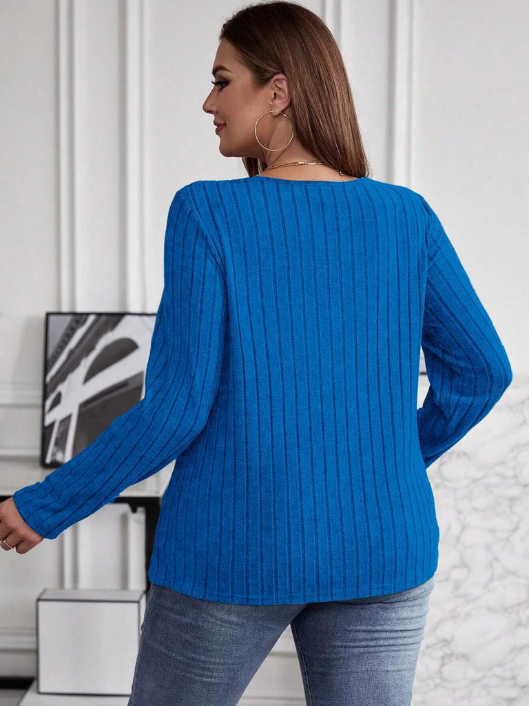 2025 Autumn/Winter Plus Size Solid Color V-Neck Long Sleeve Ribbed Pullover T-shirt