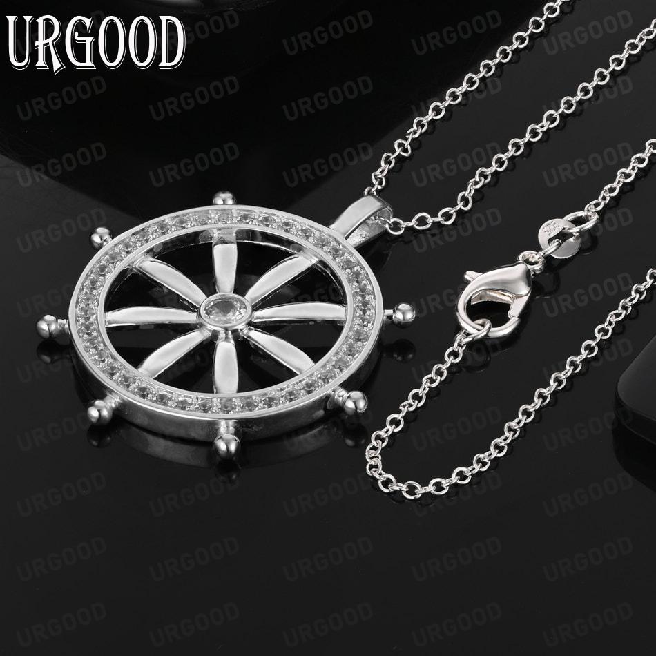925 Sterling Silver Vintage Ship's Wheel Pendant Necklace With AAA Zircon - Stylish Evening Jewelry
