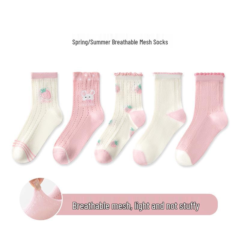 5 Pairs Children's Breathable Mesh Cotton Socks, Cartoon Design for Ages 1-14, Ideal for Spring and Summer