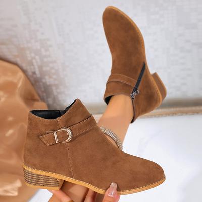 Retro Buckle Strap Ankle Boots Women Low Heels Brown Platform PU Leather Boots Woman  Autumn Side Zipper Short Botas