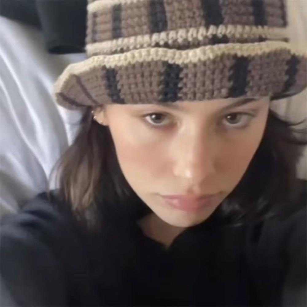 Crochet Striped Bucket Hat Thermal Panama Hat Casual Cold Cap Beach