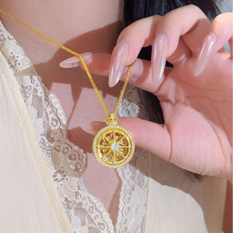 Vintage Drehende Krone Glückskutsche Halskette Kompass Anhänger Kupferbeschichtet Echtsilber Antiker Hohl-Schlüsselbein-Kette