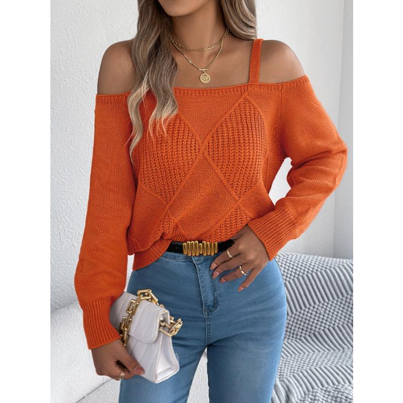 Women S Solid Off Shoulder Lantern Sleeve Pullover Sweater