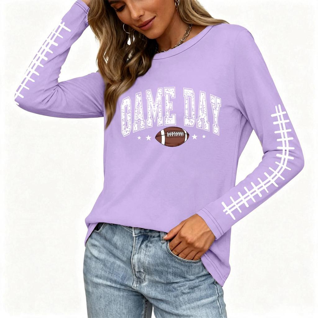 Women's Casual Long Sleeve Neck Top with Rugby Print and Side Slit for Everyday Wear