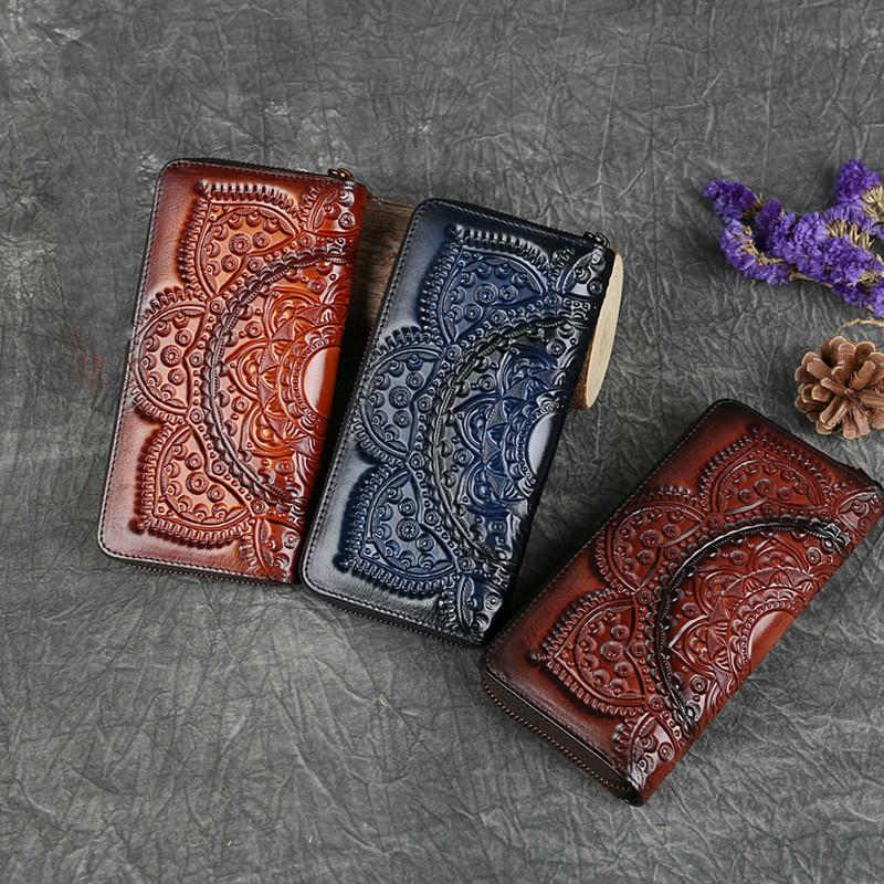 Retro Girl's Wallet Long Hand Bag Women's Leather Handmade Embossed Floral Phone Purse Chinese Style Ladies Card Holder