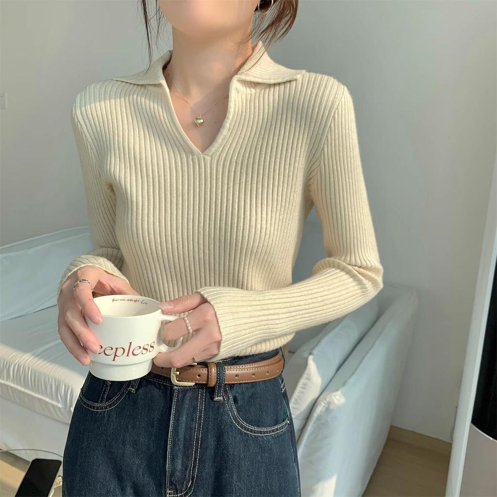 Autumn Winter Women's Polo Collar Knit Sweater Slim-fit Long Sleeve Solid Color Pullover Sweater Stretch Knit Polo Top
