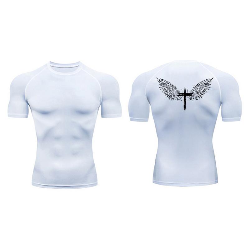 Cross Print Short Sleeve Compression Shirts for Men Athletic Quick Dry Tees Tshirt Gym Workout Running Undershirts Baselayers