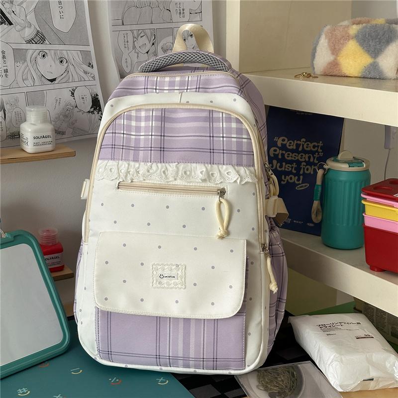 Contrast Color Plaid Backpack Women's Large Capacity Backpack Student Schoolbag