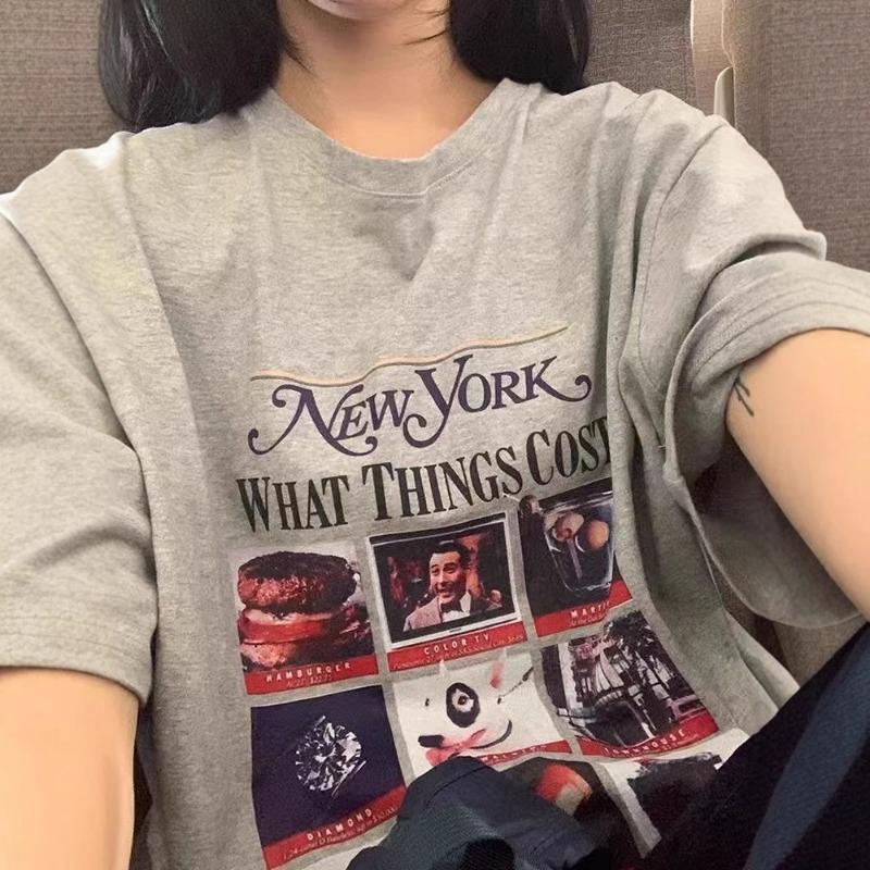 Women's Retro Round Neck Cartoon Letter Print Design Sense of Loose Casual Short-sleeved T-shirt