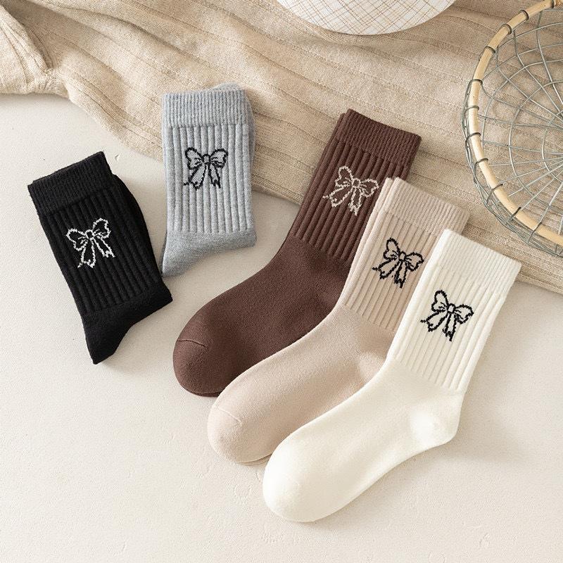 Bow-patterned Mid-calf Socks for Women Thin and Breathable for Spring and Summer Ballet-style Solid-colored Long Socks for Women In Summer