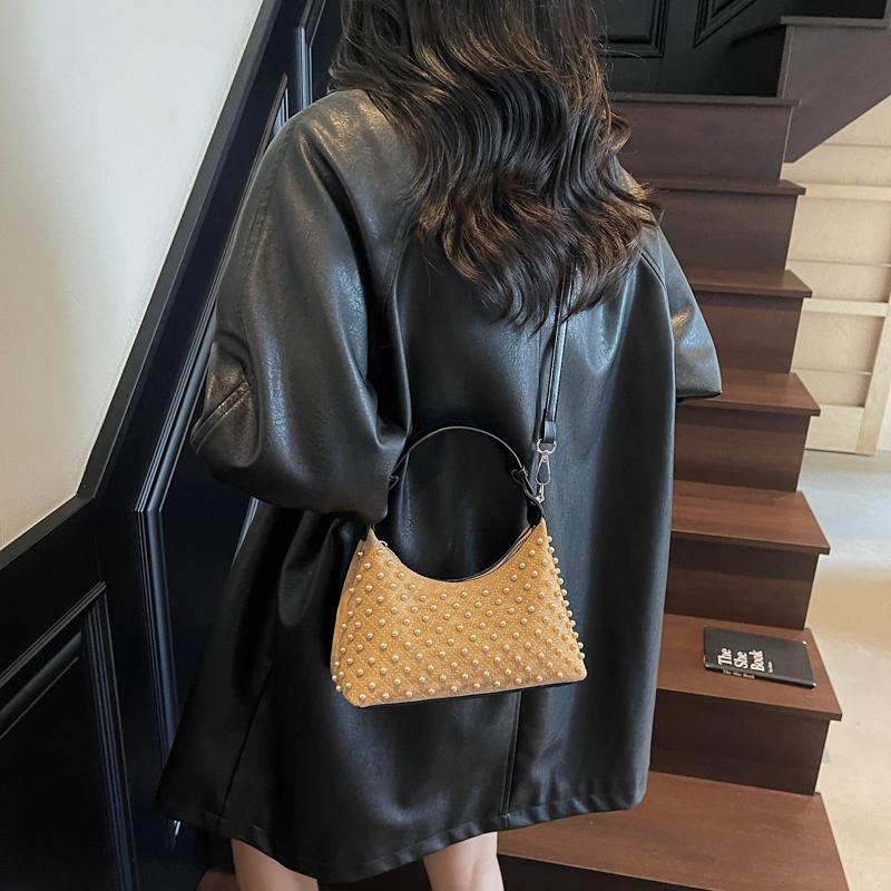 2025 Autumn & Winter New Style Faux Suede Half Moon Shoulder & Crossbody Bags Solid Zipper Beading Retro Handbags for Women